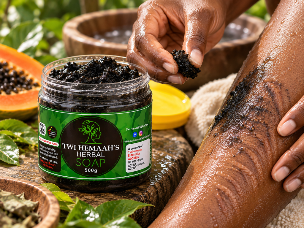 Twi Hemaah's Herbal Soap in use